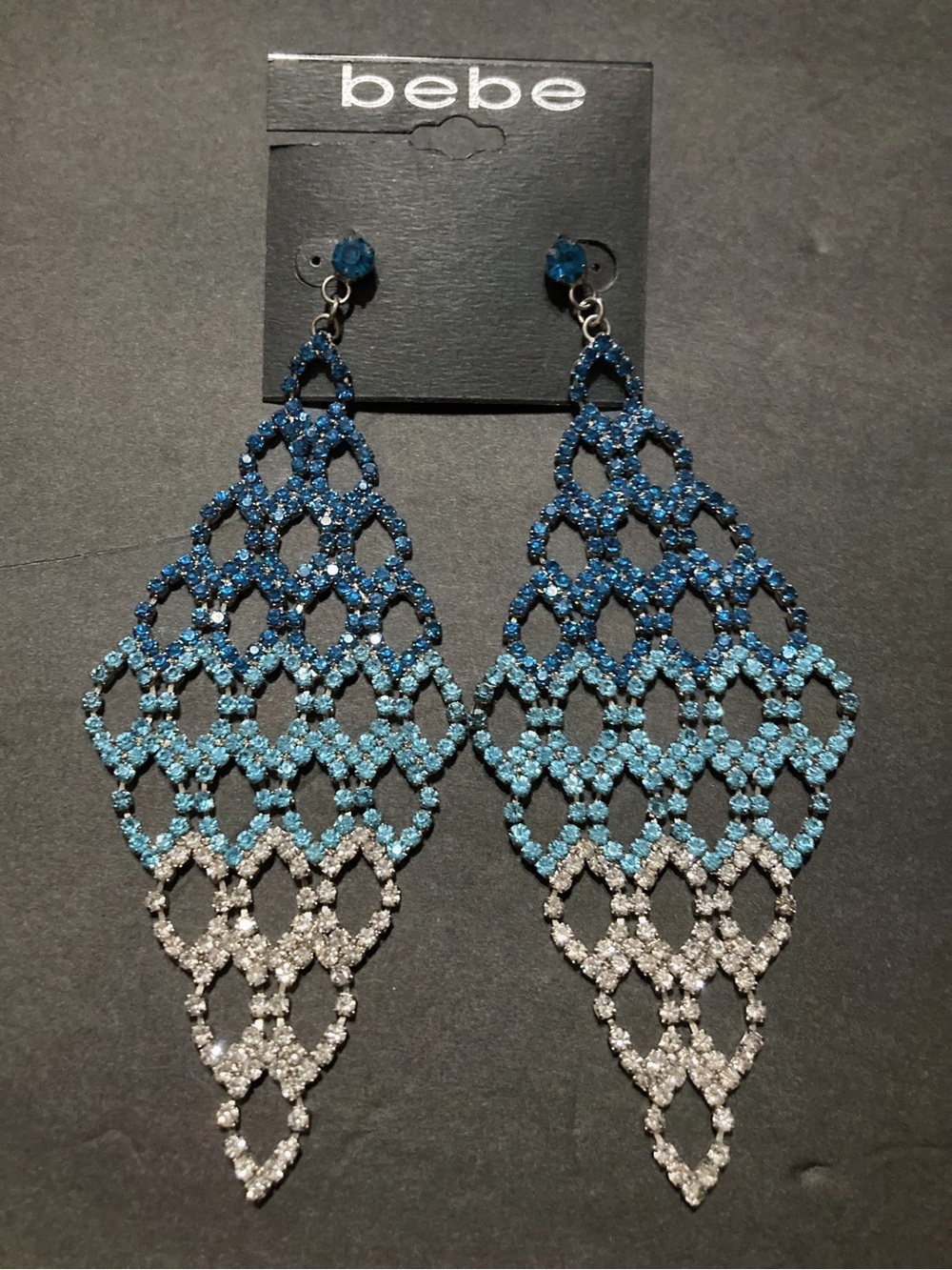 bebe Teal and Silver Ombre Crystal Chandelier Earrings/ Vintage
